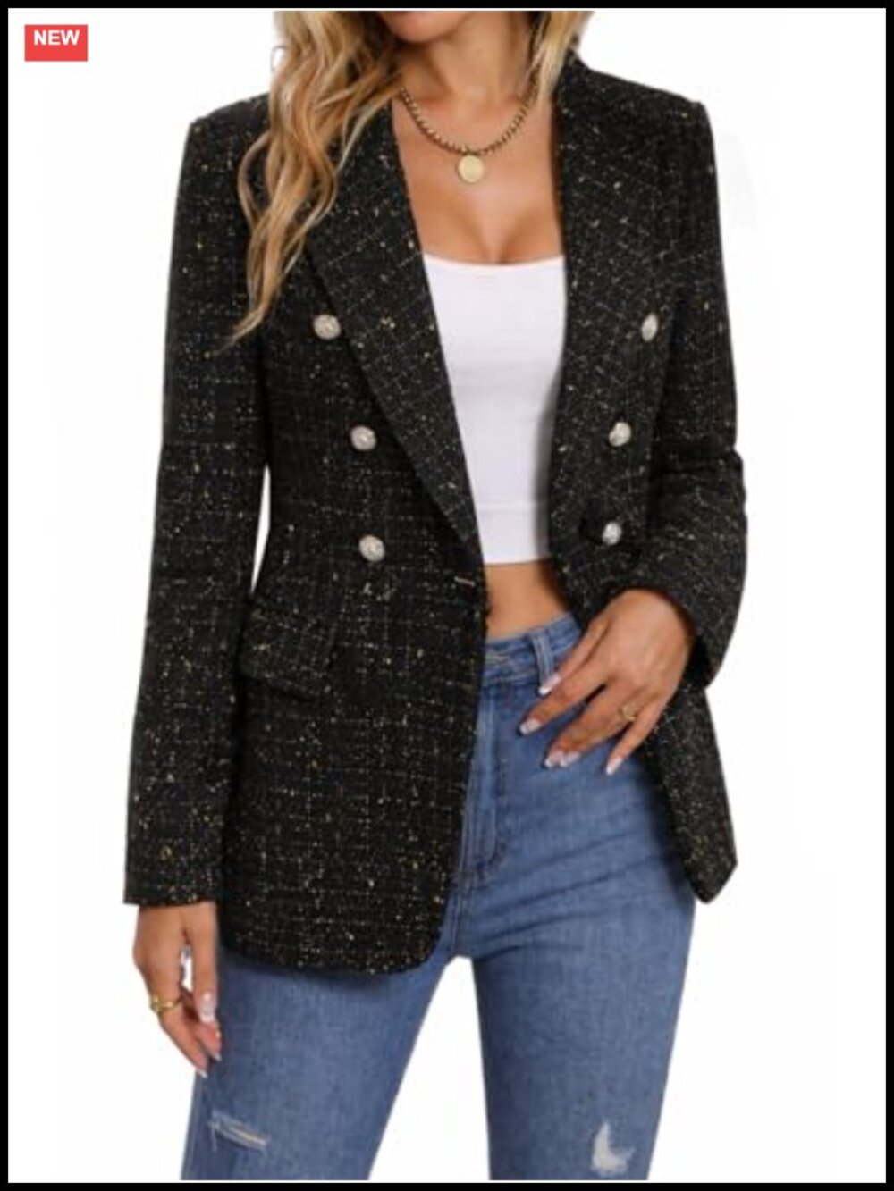 Tweed Plaid Blazer Double Breasted Business Casual Long Sleeve Jacket